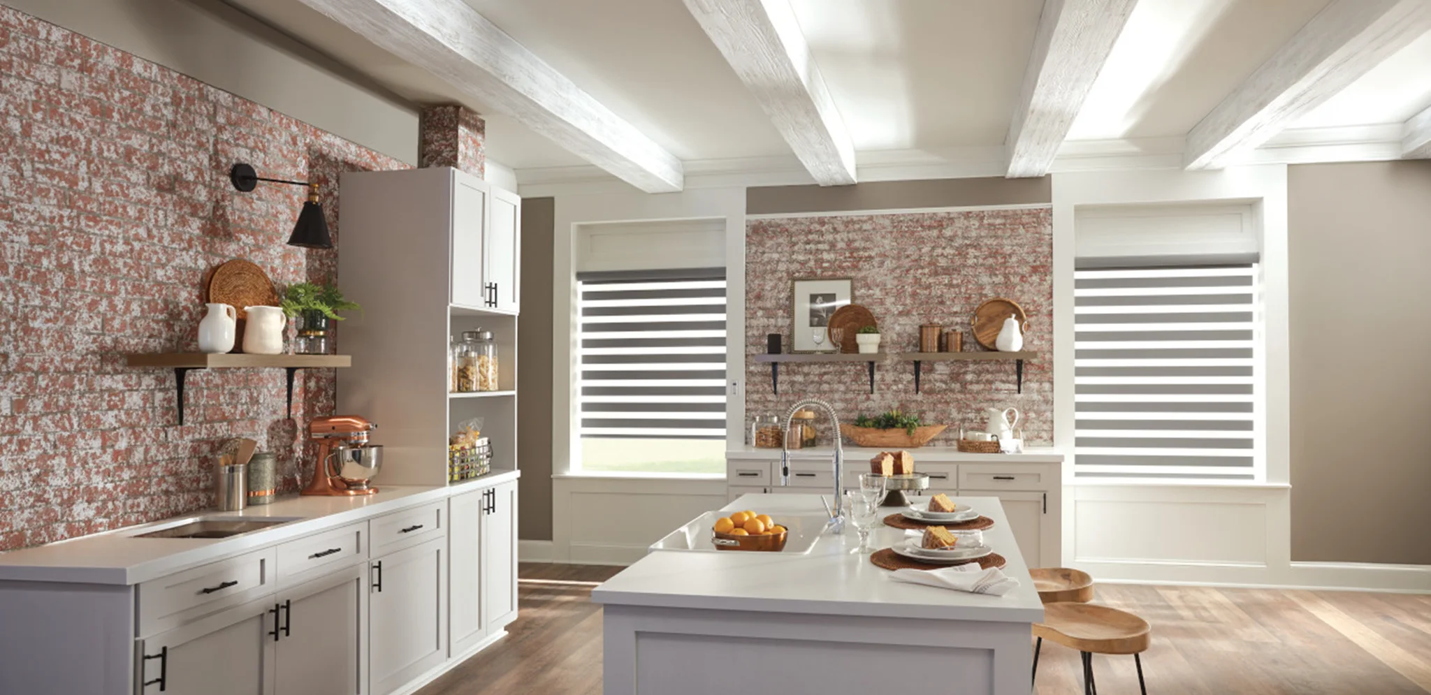transitional dark gray shades in a wood and copper decorated modern kitchen
