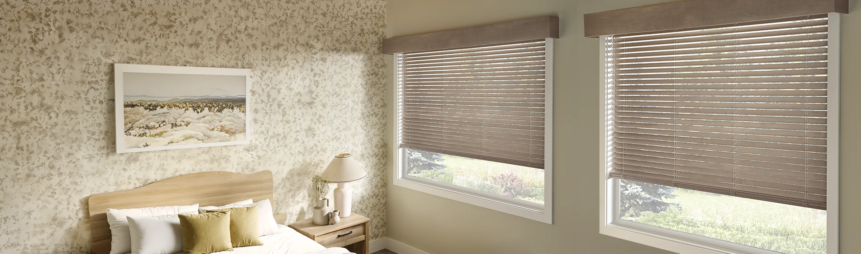 light brown wood blinds in two windows of a country styled bedroom