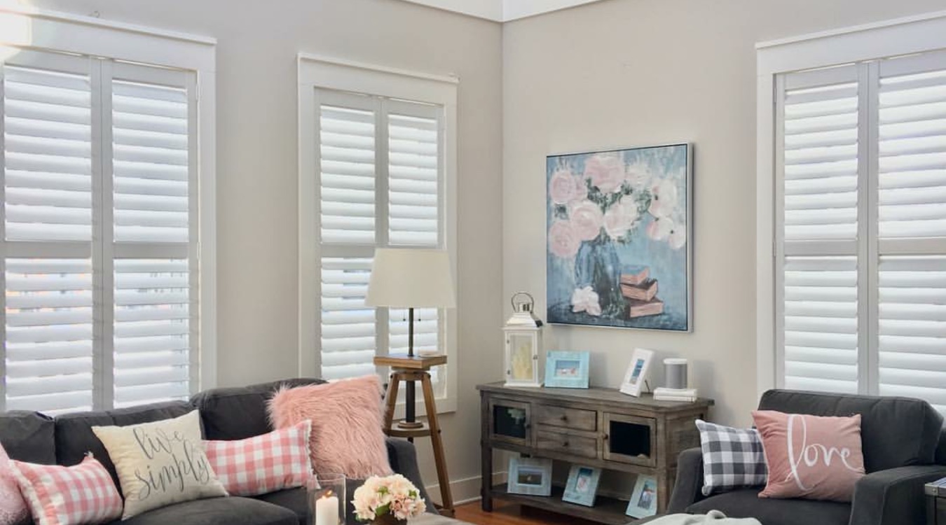 Plantation shutters in cozy family room