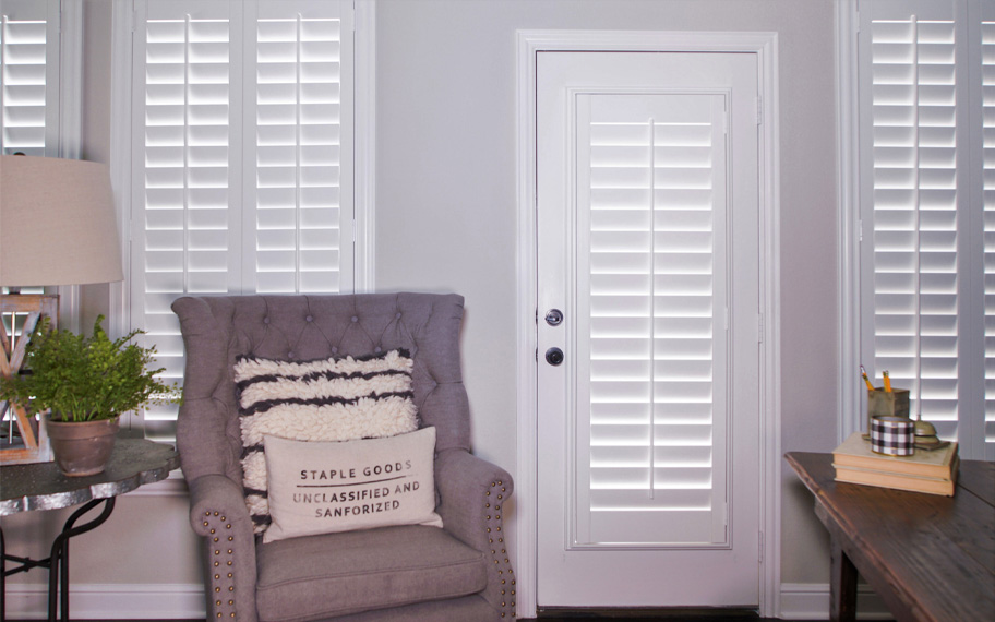 Interior shutters are beautiful and durable window treatments for glass doors in Denver. Polywood shutters on a door