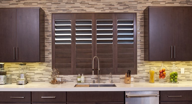 Divider rail shutters in a Denver kitchen. Denver cafe kitchen shutters