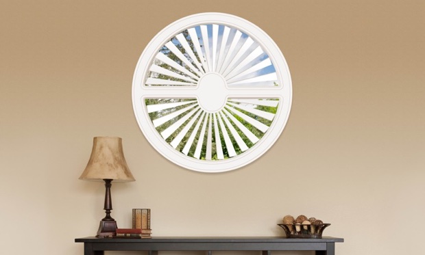 You can cover specialty shaped windows with our Polywood shutters. Circle shaped window in Denver