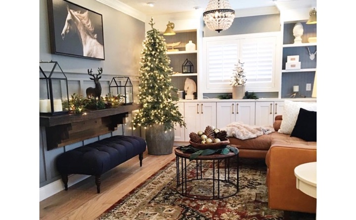If your chairs, couches, and tables are starting to show their age, the holidays can be a great time to start anew. Living room with built-in shelving and plantation shutters.
