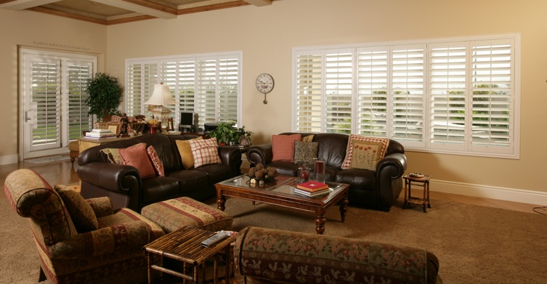 Shutters can let in as much light as you want. Denver family room with interior shutters.