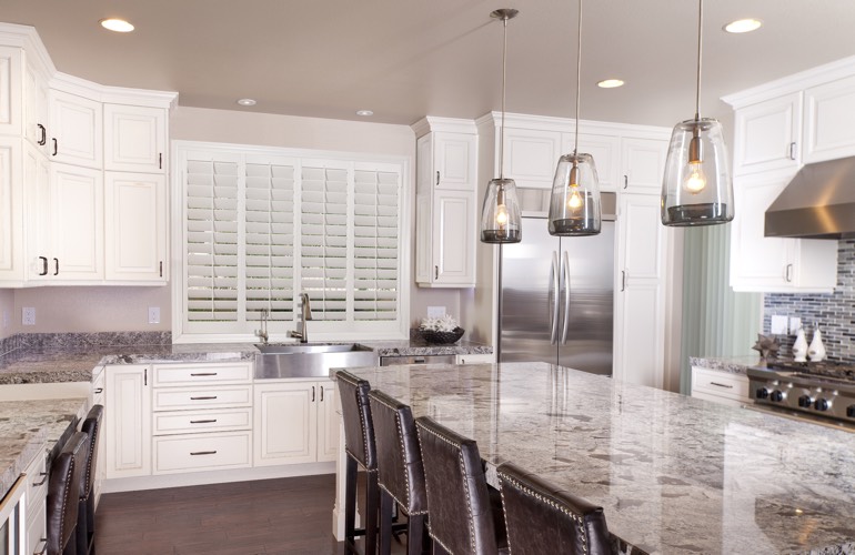 Kitchen Shutters In Denver, Colorado A modern kitchen with plantation shutters